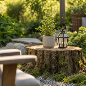 Souche d'arbre naturelle dans un jardin verdoyant, idée déco extérieure