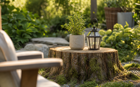 Souche d'arbre naturelle dans un jardin verdoyant, idée déco extérieure
