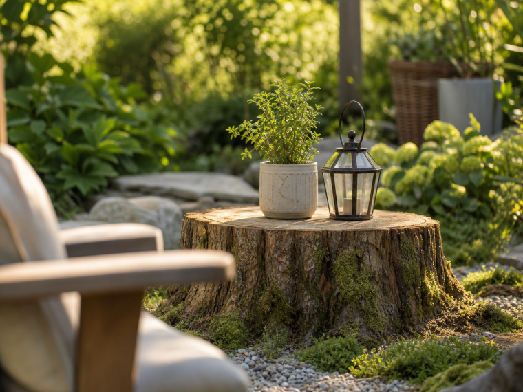 Souche d'arbre naturelle dans un jardin verdoyant, idée déco extérieure