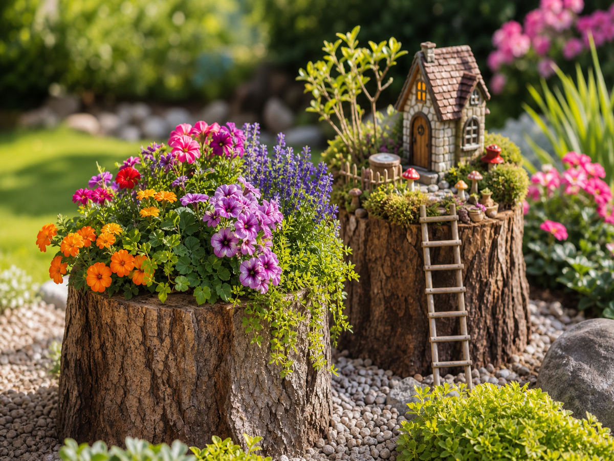Souche d'arbre transformée en jardinière fleurie et jardin de fées miniature