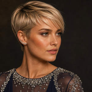 Coupe boule dégradée femme élégante avec frange, coiffure courte pixie blonde raffinée