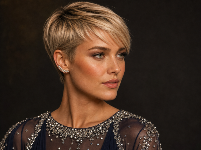 Coupe boule dégradée femme élégante avec frange, coiffure courte pixie blonde raffinée