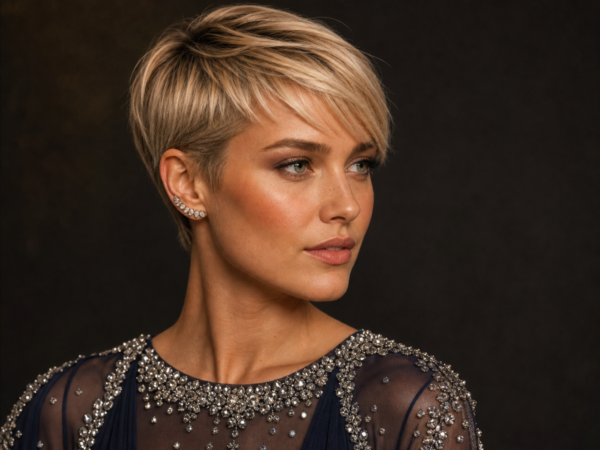 Coupe boule dégradée femme élégante avec frange, coiffure courte pixie blonde raffinée