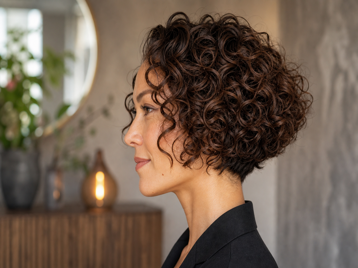 Coupe carré court plongeant boucles spirales auburn bob triangle tendance
