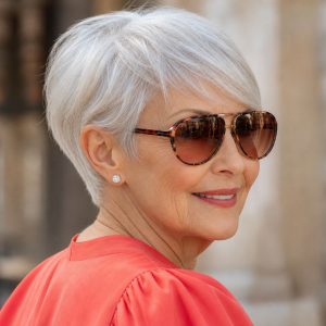 Femme de 80 ans avec coupe courte pixie argent et lunettes de soleil, vue de profil