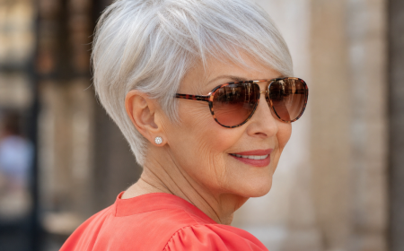 Femme de 80 ans avec coupe courte pixie argent et lunettes de soleil, vue de profil
