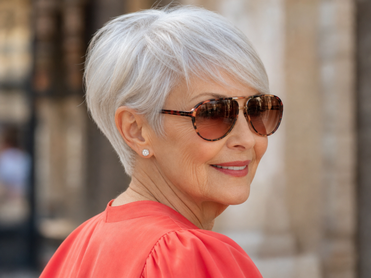 Femme de 80 ans avec coupe courte pixie argent et lunettes de soleil, vue de profil
