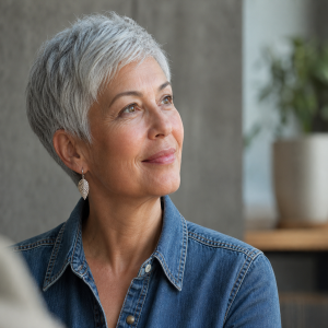 Coupe courte pixie pour cheveux fins et clairsemés, femme 60 ans, cheveux gris argentés
