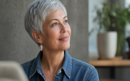 Coupe courte pixie pour cheveux fins et clairsemés, femme 60 ans, cheveux gris argentés