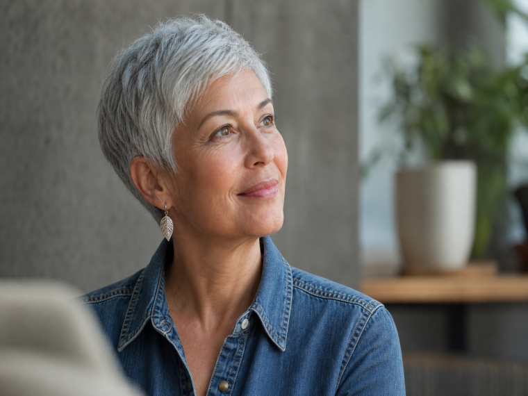 Coupe courte pixie pour cheveux fins et clairsemés, femme 60 ans, cheveux gris argentés