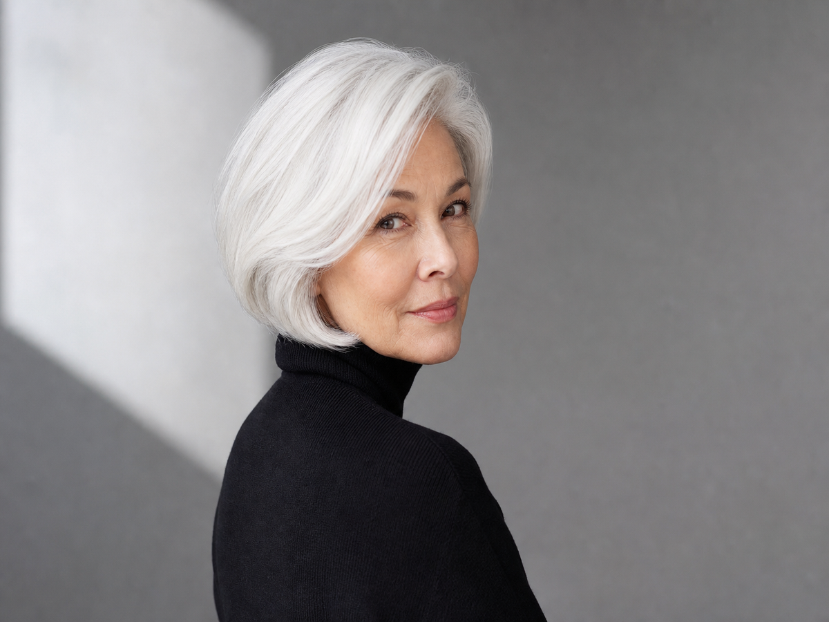 Coupe pleine courte bob pour cheveux fins et clairsemés femme 60 ans, cheveux blancs élégants