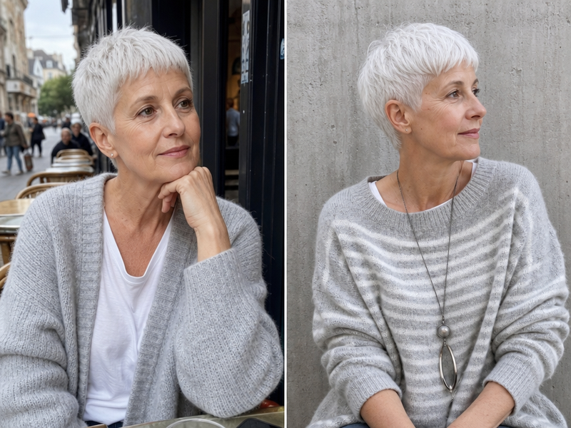 coupe de cheveux fin femme 60 ans clairsemés blancs coupe au bol bowl cut