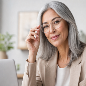 Femme 50 ans avec longs cheveux gris argentés et lunettes rondes translucides, style élégant
