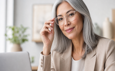 Femme 50 ans avec longs cheveux gris argentés et lunettes rondes translucides, style élégant