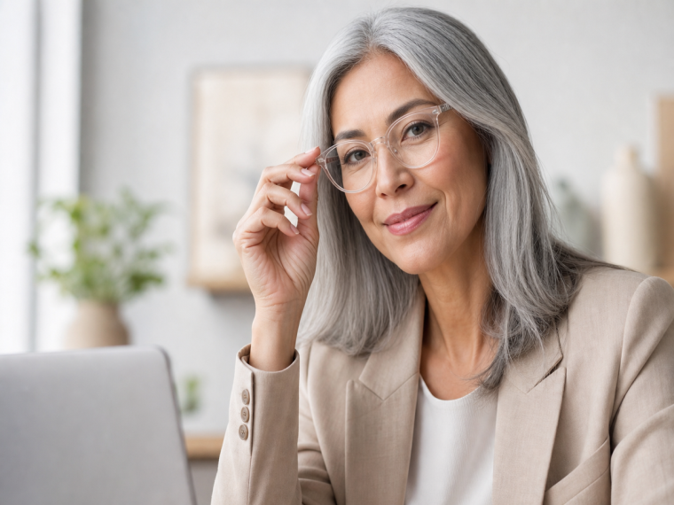Femme 50 ans avec longs cheveux gris argentés et lunettes rondes translucides, style élégant