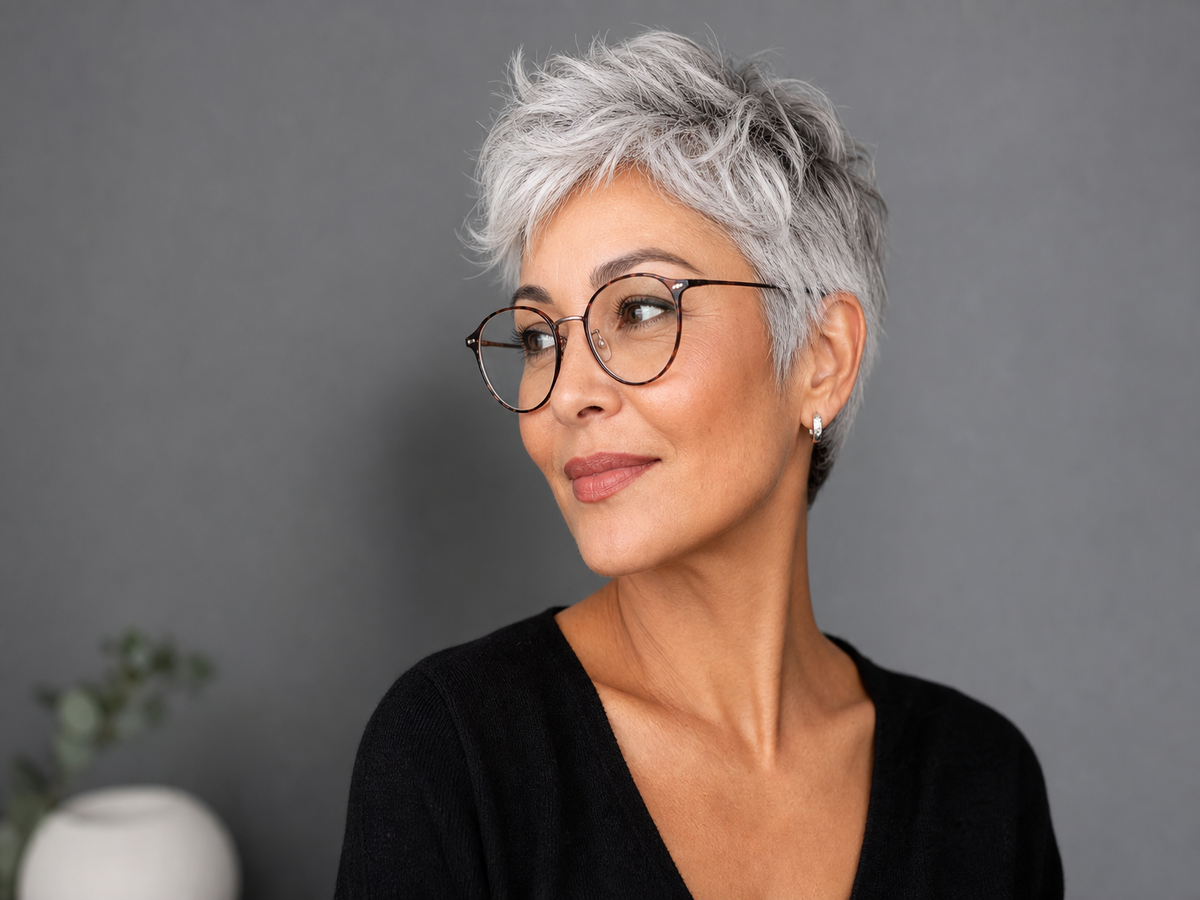 tendances coupe de cheveux gris blancs femme 50 ans avec lunettes visage rond cheveux fins courts