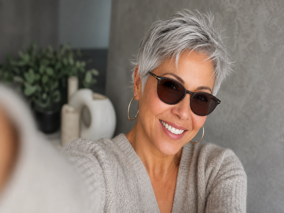 coupe courte cheveux gris femme 50 ans lunettes visage rond ovale idées coiffure