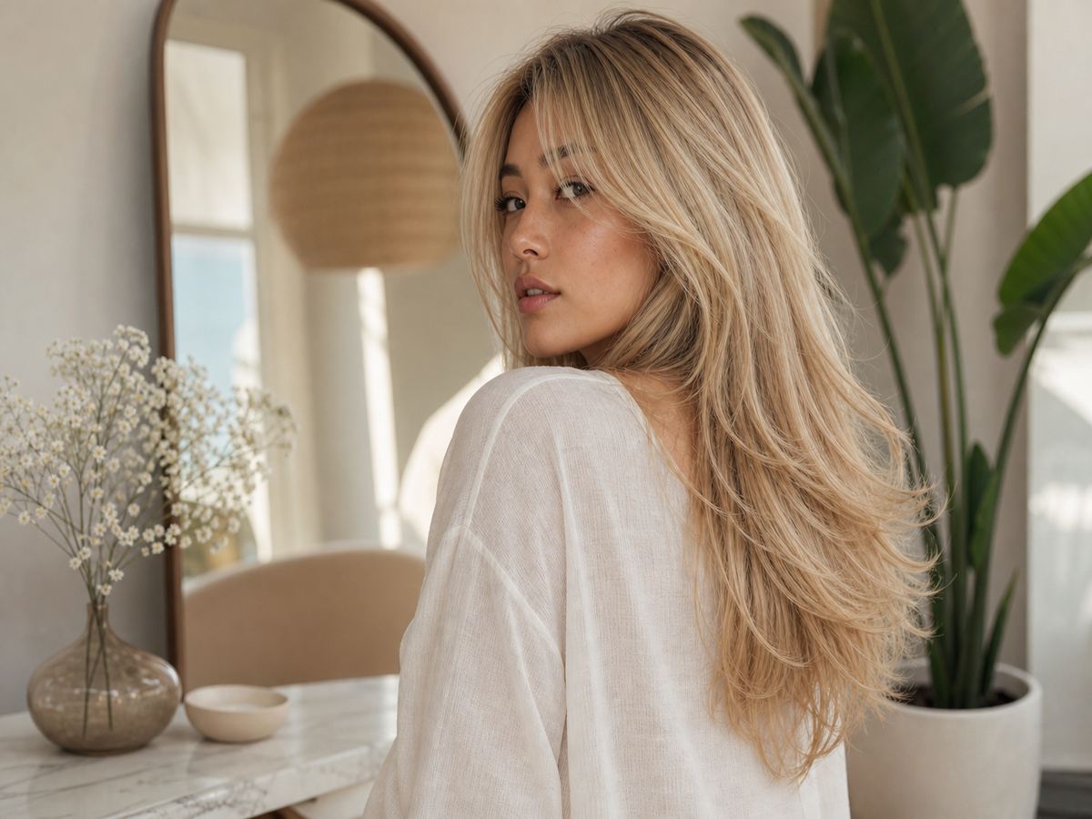 Femme blonde de dos avec coupe papillon longue et soyeuse, miroir doré décor parisien