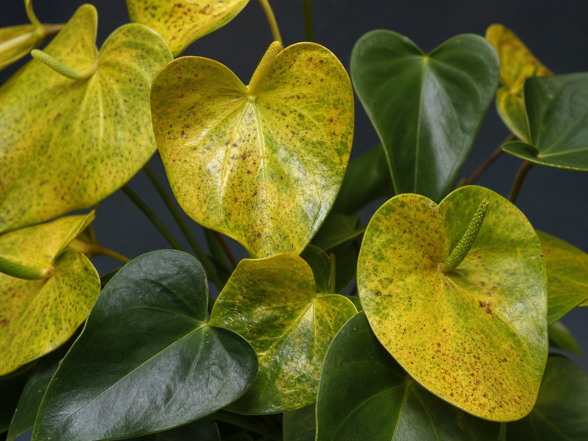 Feuilles d'anthurium jaunes et tachées montrant des symptômes de chlorose et de maladie