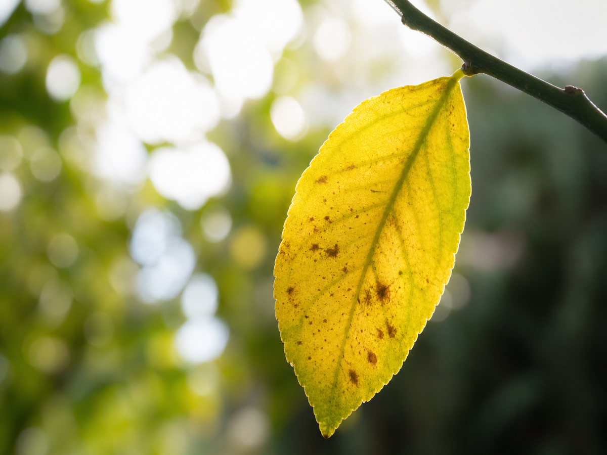 Feuilles de citronnier qui jaunissent sur une branche, gros plan macro sur feuille dorée avec taches brunes
