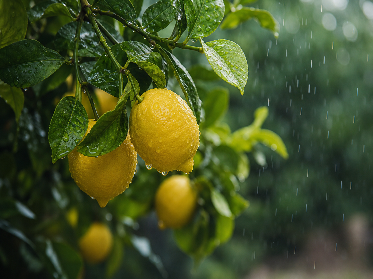 Citronnier sous la pluie avec fruits verts et jaunes couverts de gouttes d'eau, arrosage excessif