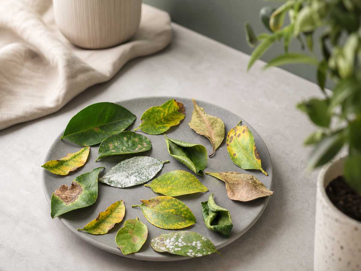 Collection de feuilles de citronnier malades sur fond gris : jaunissement, oïdium, taches brunes, feuilles tordues