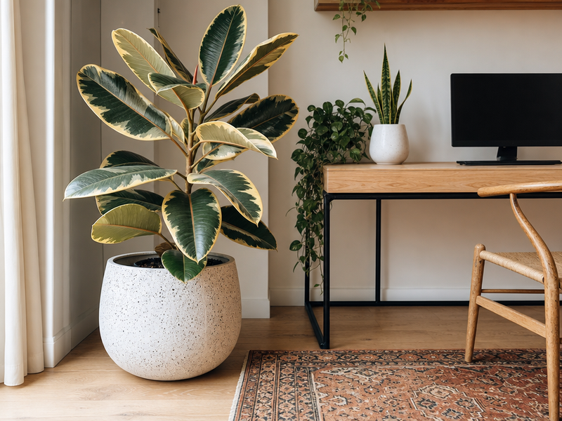 Grand ficus elastica à feuilles panachées dans un pot blanc près d'un bureau moderne, intérieur bohème