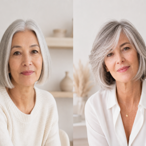 Coupe mi-longue dégradée femme 60 ans avant après cheveux gris argenté bob et carré effilé