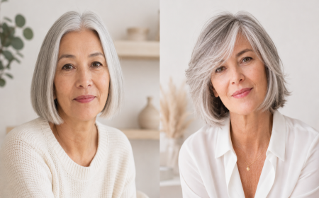 Coupe mi-longue dégradée femme 60 ans avant après cheveux gris argenté bob et carré effilé