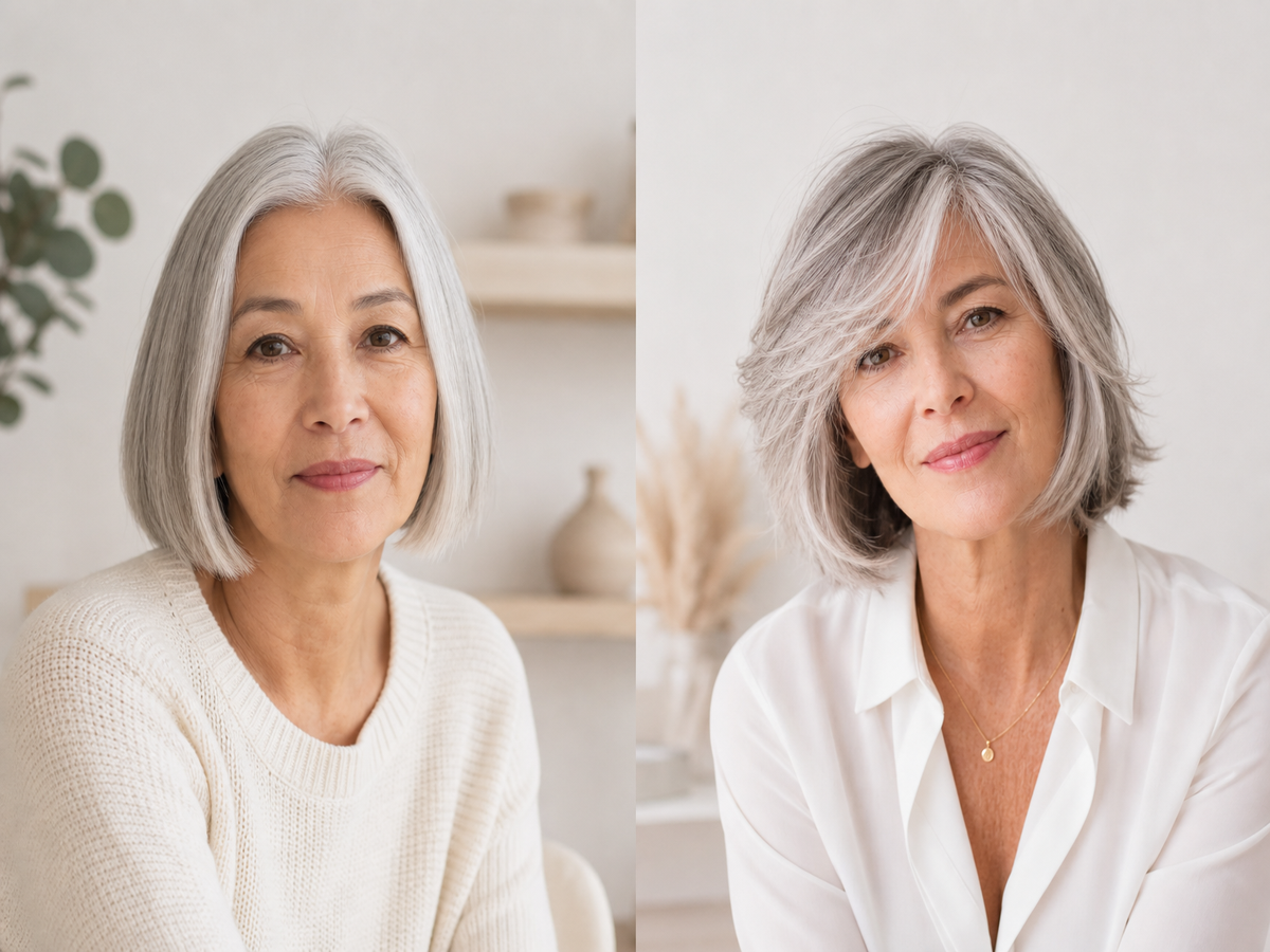 Coupe mi-longue dégradée femme 60 ans avant après cheveux gris argenté bob et carré effilé