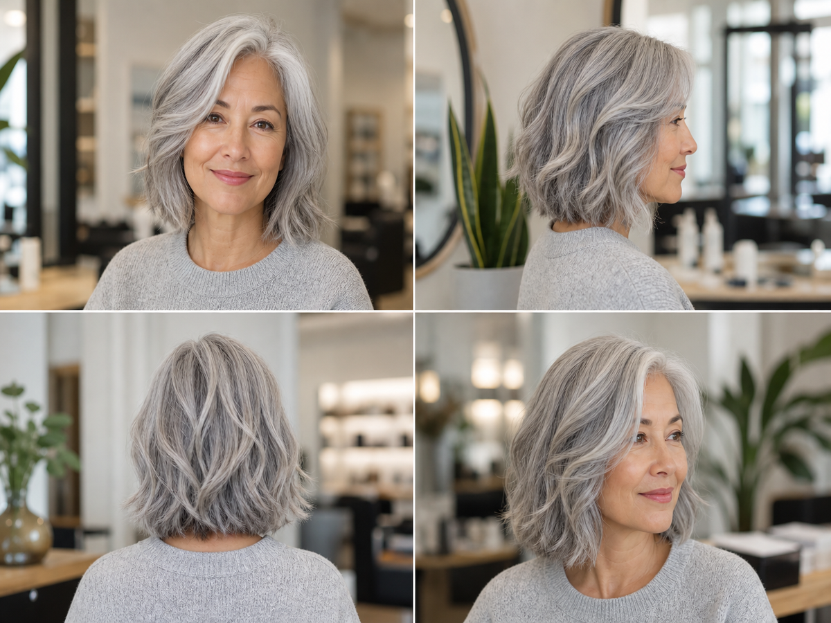Carré mi-long ondulé femme 60 ans cheveux gris argent, vues multiples salon de coiffure