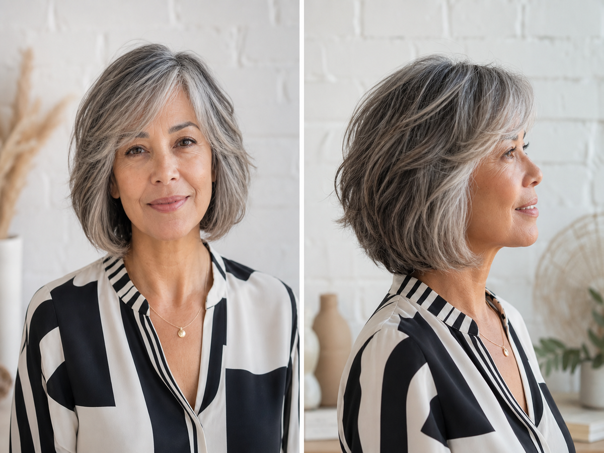 coupe cheveux mi longue dégradée femme 60 ans carré frange rideau