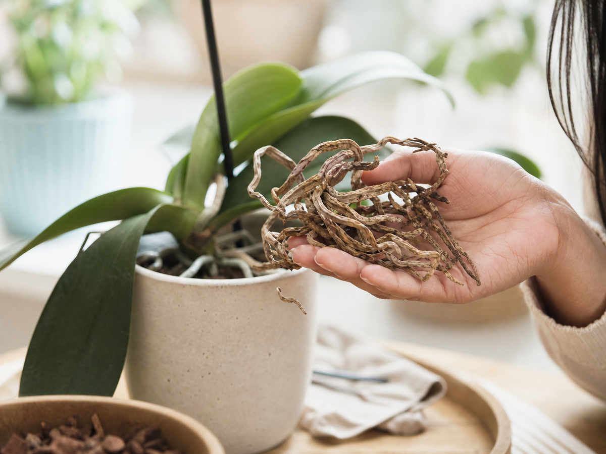 Racines et tige sèche d'orchidée phalaenopsis tenues en main, plant en pot blanc