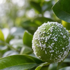 Fruits de citronnier couverts de cochenilles farineuses blanches sur feuilles vertes