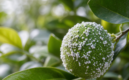 Fruits de citronnier couverts de cochenilles farineuses blanches sur feuilles vertes