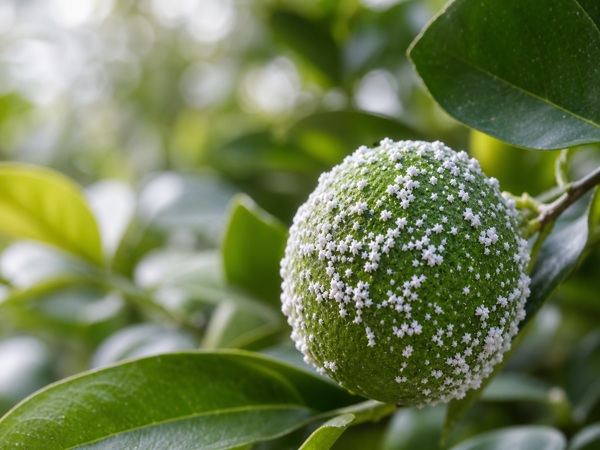 Fruits de citronnier couverts de cochenilles farineuses blanches sur feuilles vertes