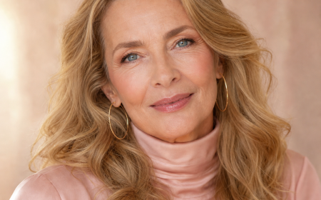 Maquillage naturel femme 60 ans, portrait élégant cheveux blonds ondulés