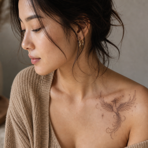 Tatouage phoenix femme sur l'épaule en lignes fines minimalistes