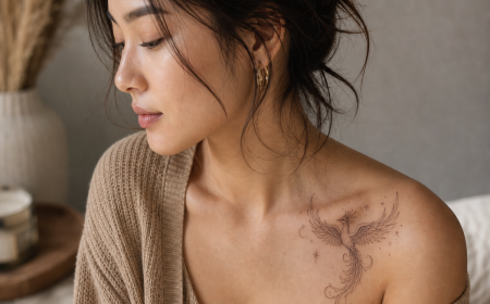 Tatouage phoenix femme sur l'épaule en lignes fines minimalistes