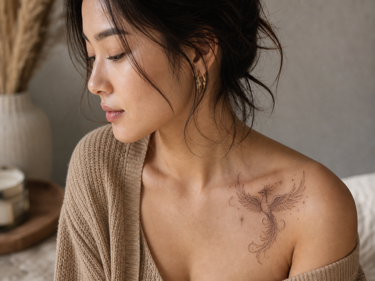 Tatouage phoenix femme sur l'épaule en lignes fines minimalistes