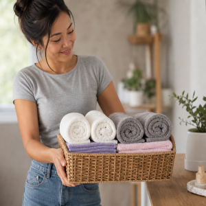 Panière en osier remplie de serviettes de bain roulées à la Marie Kondo posée sur une surface en bois
