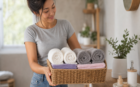 Panière en osier remplie de serviettes de bain roulées à la Marie Kondo posée sur une surface en bois
