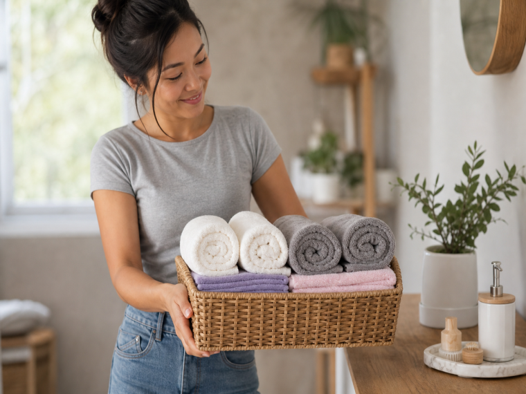 Panière en osier remplie de serviettes de bain roulées à la Marie Kondo posée sur une surface en bois
