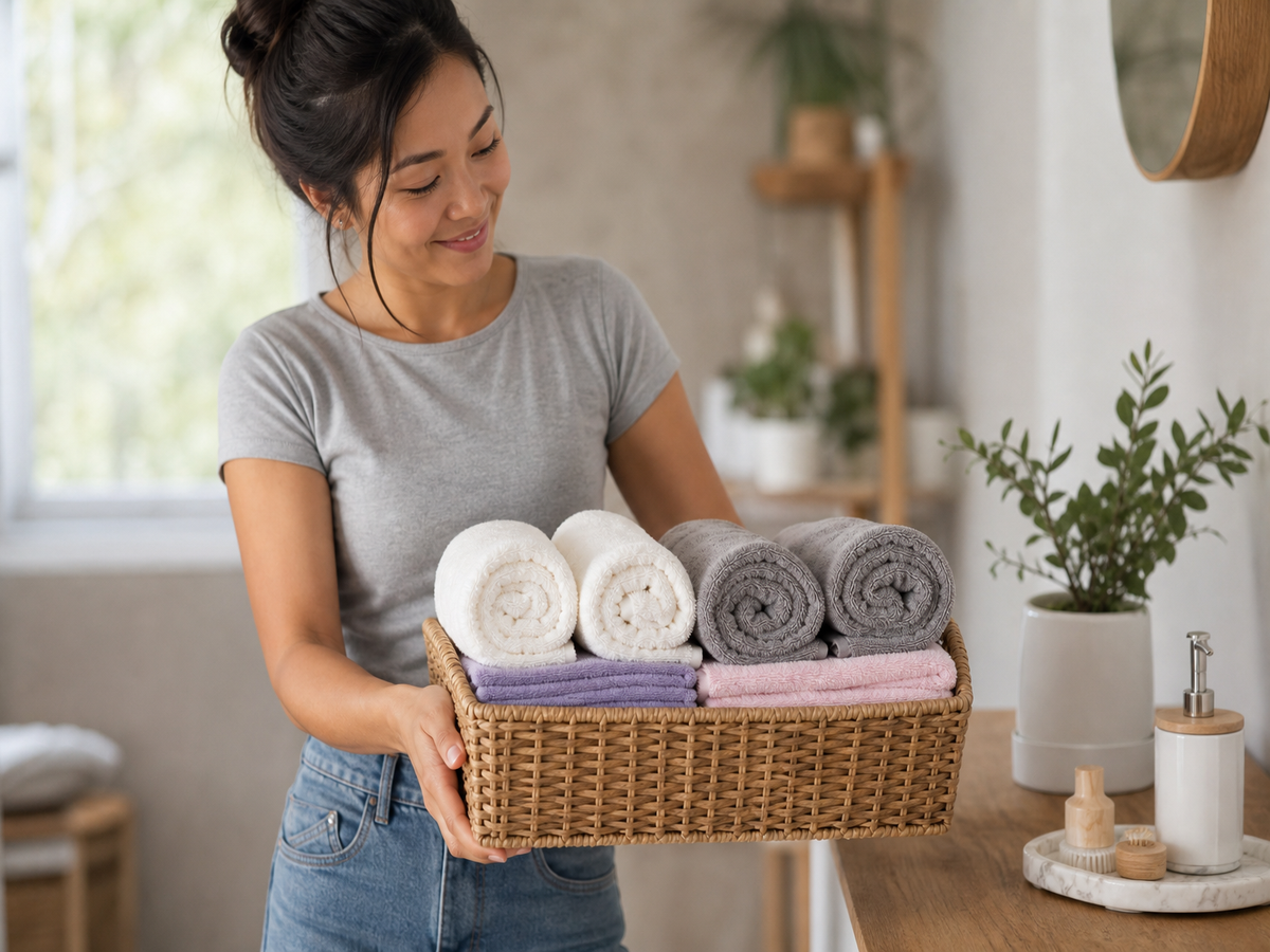 Panière en osier remplie de serviettes de bain roulées à la Marie Kondo posée sur une surface en bois