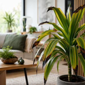 Dracaena avec pointes de feuilles noircies dans un salon lumineux, symptômes de stress hydrique