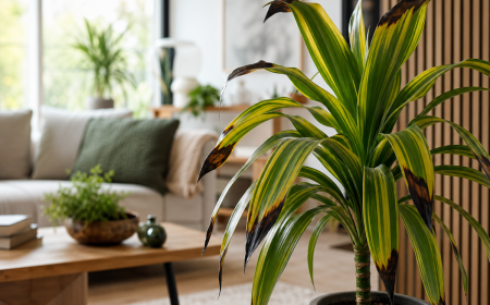 Dracaena avec pointes de feuilles noircies dans un salon lumineux, symptômes de stress hydrique