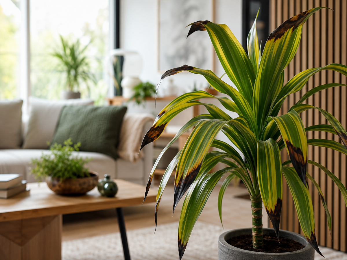 Dracaena avec pointes de feuilles noircies dans un salon lumineux, symptômes de stress hydrique