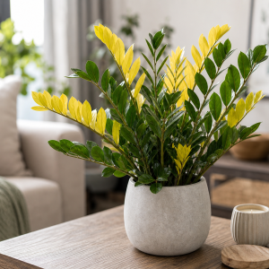 Zamioculcas aux feuilles jaunes et vertes dans un pot en béton sur plancher en bois