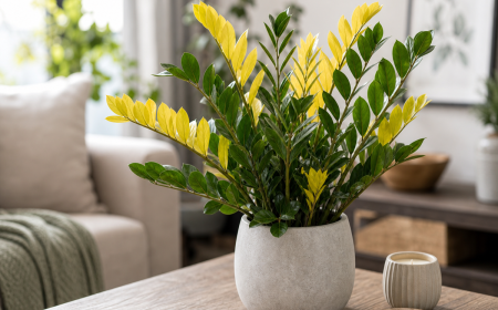 Zamioculcas aux feuilles jaunes et vertes dans un pot en béton sur plancher en bois
