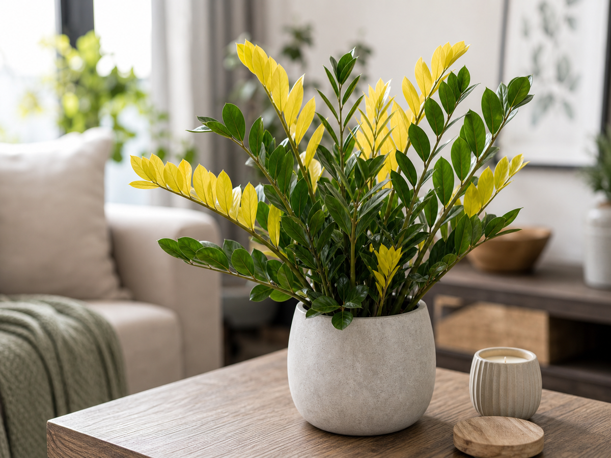 Zamioculcas aux feuilles jaunes et vertes dans un pot en béton sur plancher en bois